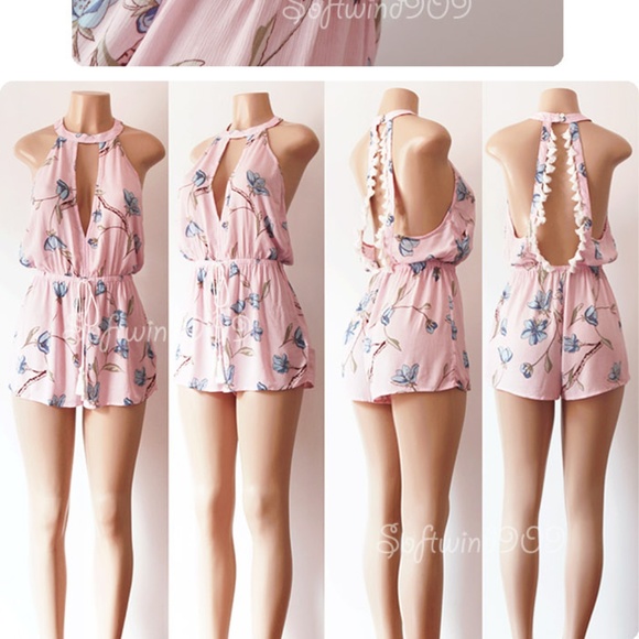 Last☝️ Pink Blue Tassel Open Back Halter Romper - Picture 6 of 8